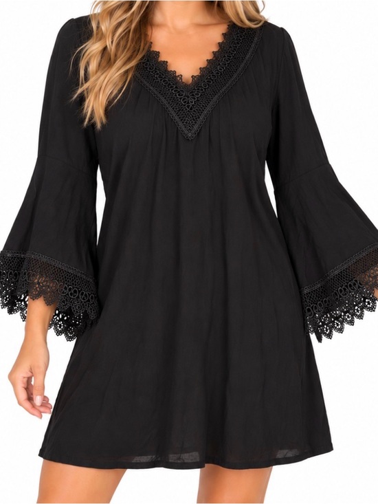 Peppermint Dresses & Skirts - Peppermint Black Lace-Trim Bell Sleeve shift Dress Boho Crochet Lace V Neck SZ L